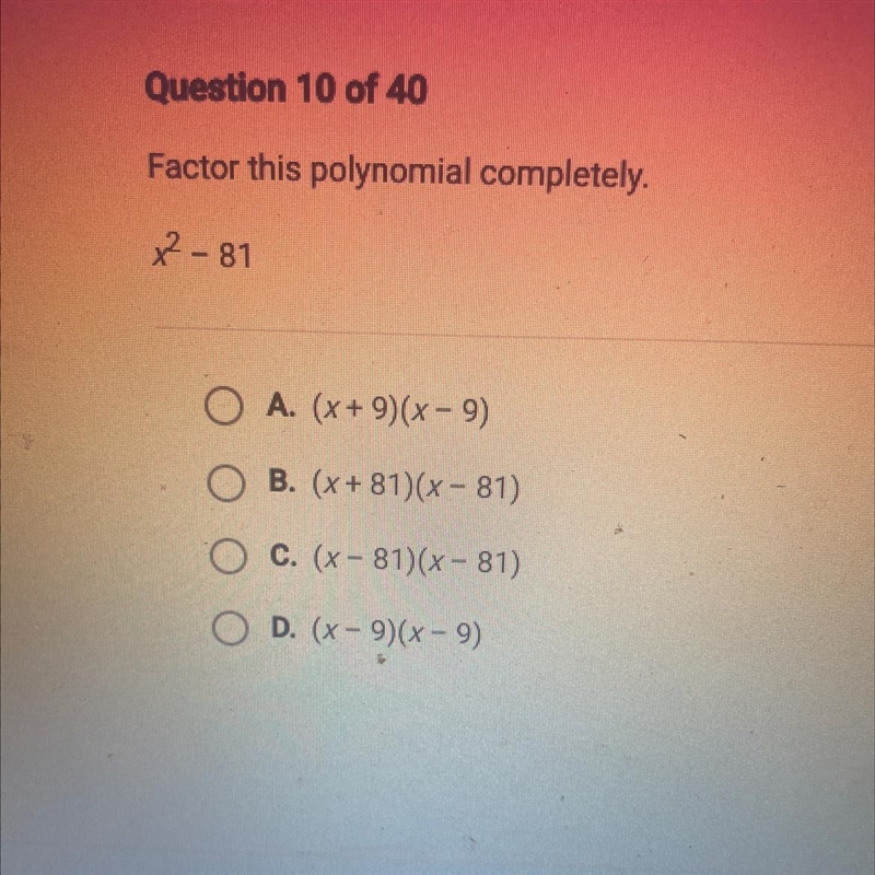 Factor this polynomial completely. x2 - 81-example-1