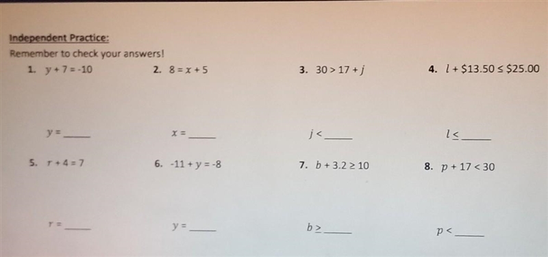 1. Y+7=-10 2. 8=x+5 5. r+4=7 6.-11+y= -8​-example-1