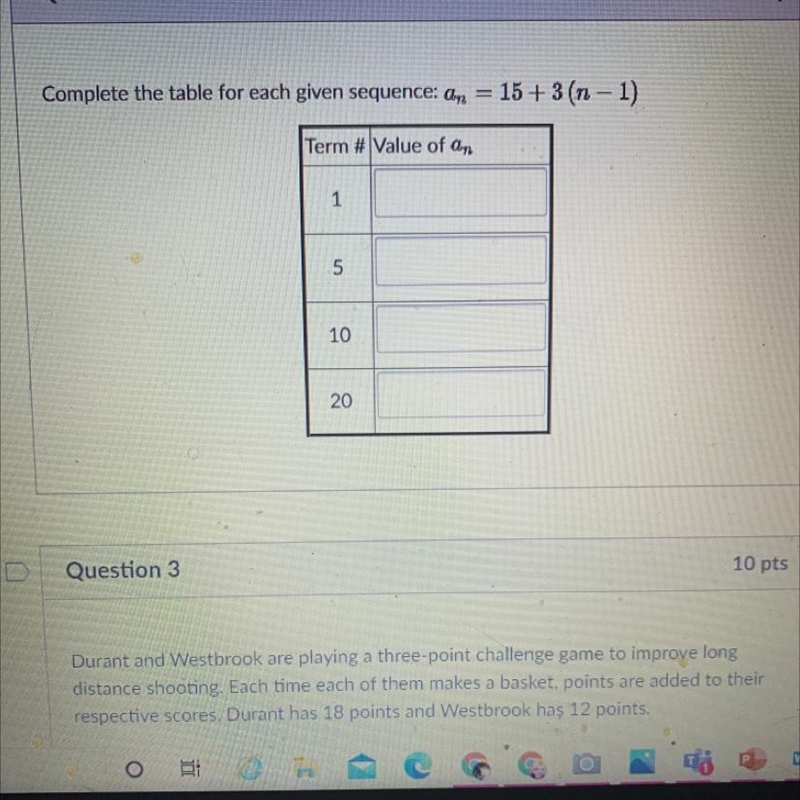 Complete the table for each given sequence: On = 15+3(n − 1)-example-1