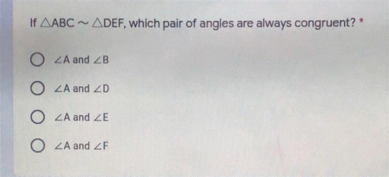 If AABC ~ ADEF, which pair of angles are always congruent?-example-1