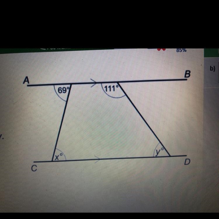 If x=69° Work out the value of angle y. (15 points if correct)-example-1