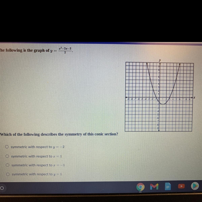 Which of the following describes the symmetry of this conic section?-example-1