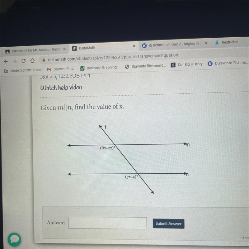 Given m||n, find the value of x. t >m (8x-27) (7x-4)-example-1