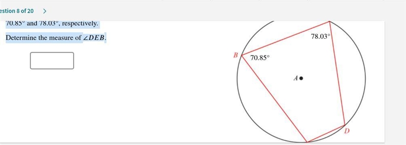 Quadrilateral BCDE is inscribed in circle A. ∠ and ∠ measure 70.85° and 78.03°, respectively-example-1