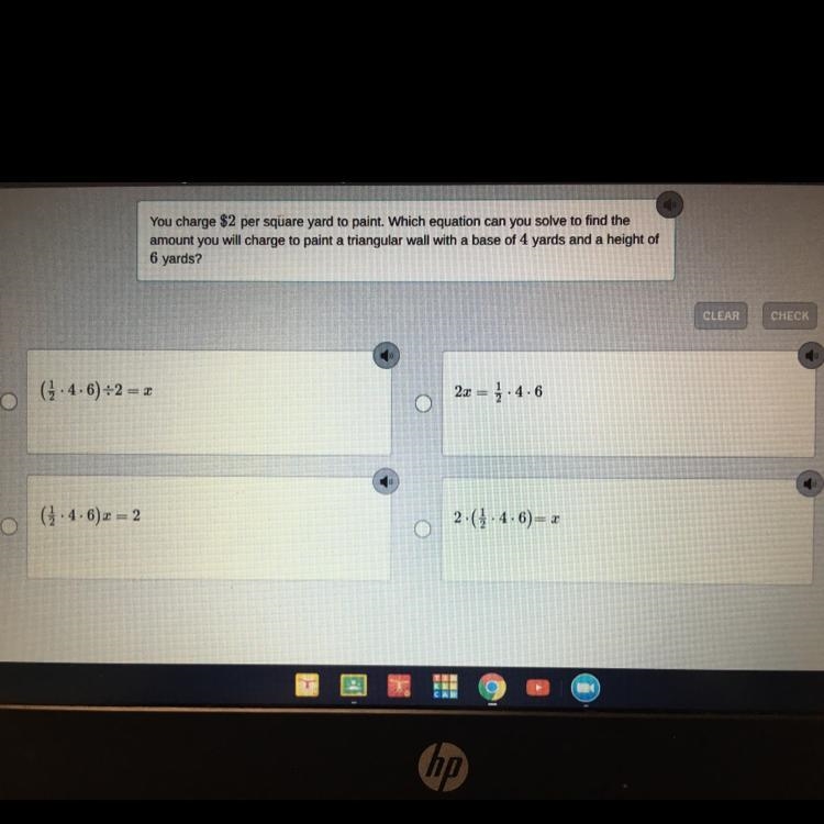 You charge $2 per square yard to paint.Which equation can you solve to find the amount-example-1