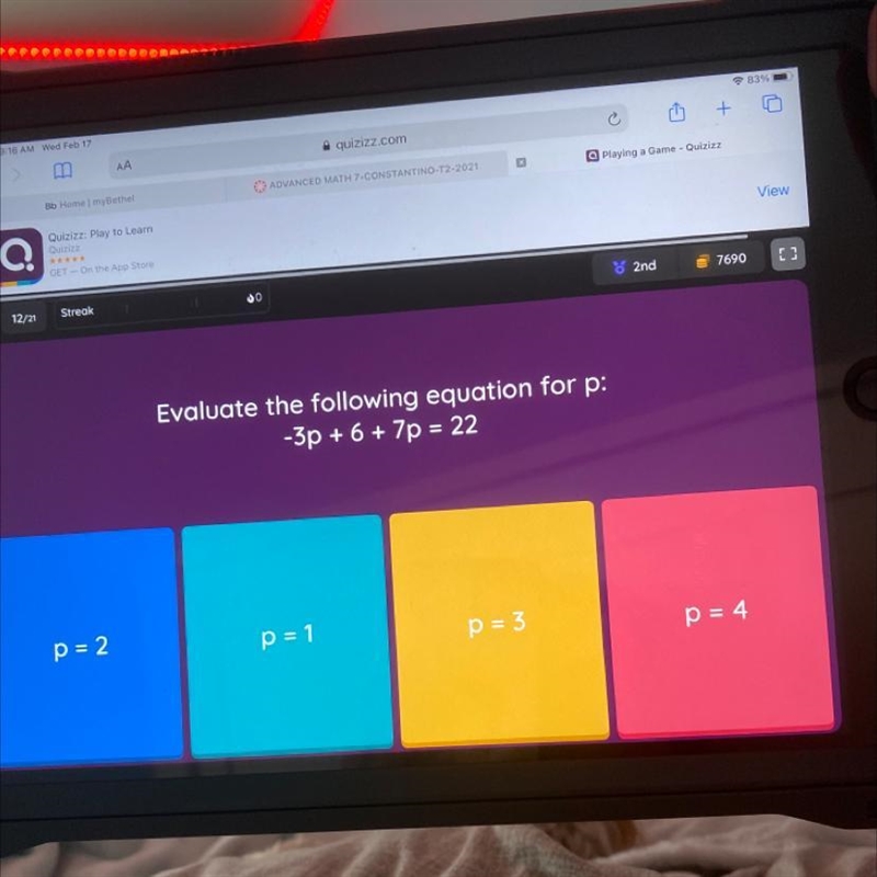 Evaluate the following equation for p: -3p + 6 + 7p = 22-example-1