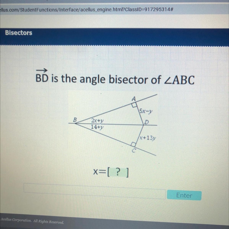 BD is the angle bisector of ZABC \sx-y B 2x+y D 14+y /x+13 x=[?]-example-1