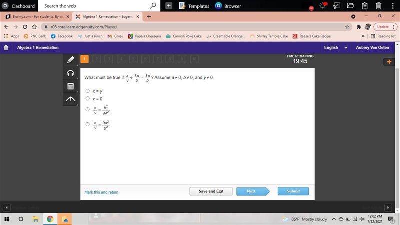 What must be true if (x)/(y) / (3a)/(b) =(3a)/(b)? Assume a\\eq0, b\\eq0, and y\\eq-example-1