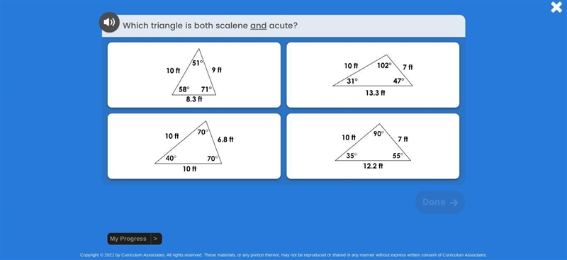 Which triangle is scalene and acute (plsss i need help asap)-example-1