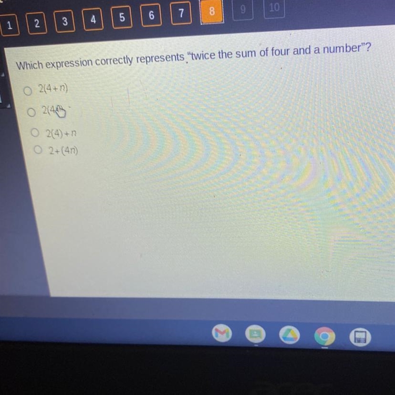 Which expression correctly represents "twice the sum of four and a number&quot-example-1