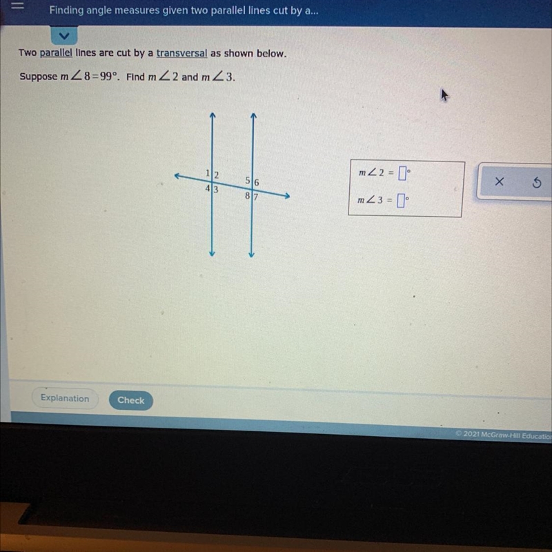 Finding angle measures given two parallel lines HELP ME please-example-1