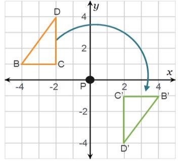 Identify the direction of rotation that maps triangle BCD to triangle B’C’D’. The-example-1