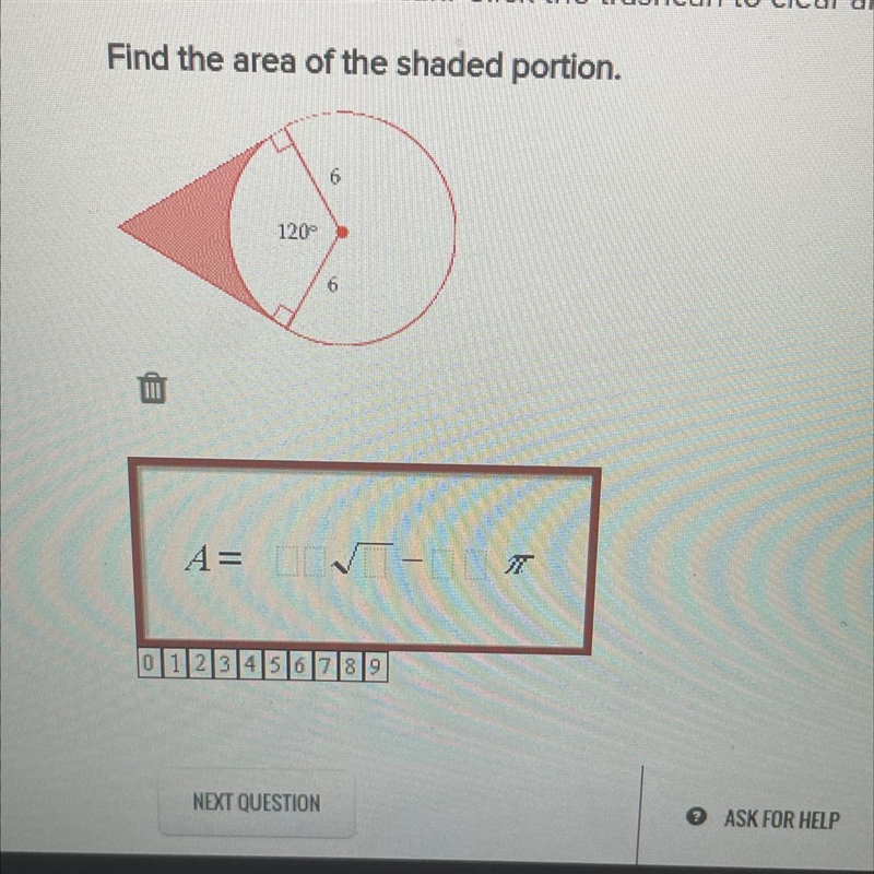 Find the area of the shaded portion. 6 120-example-1