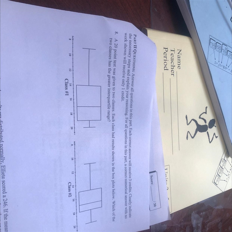 8. A 20 point test was given to two classes. Each class had results shown in the box-example-1