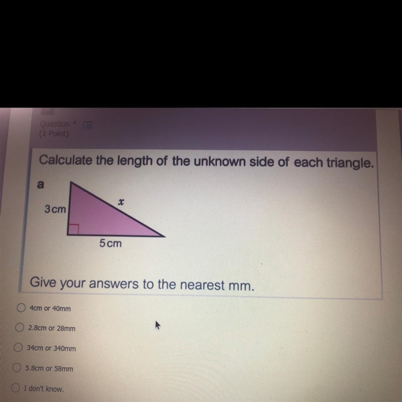 Calculate the length of the unknown side of each triangle. a) 3 cm 5 cm Give your-example-1