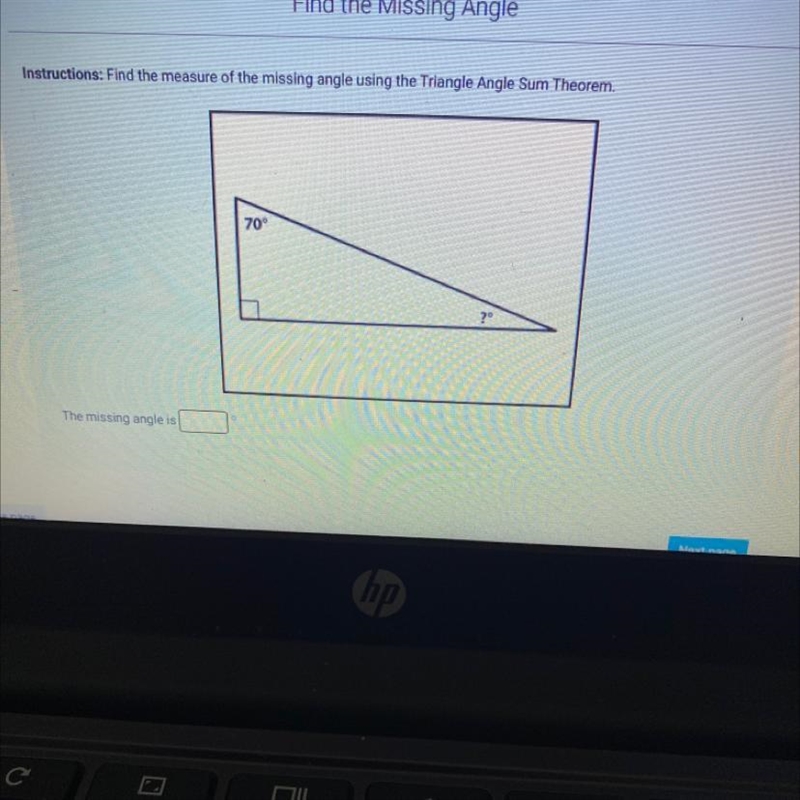 Find the measure of the missing angle using the triangle angle sum theorm.-example-1