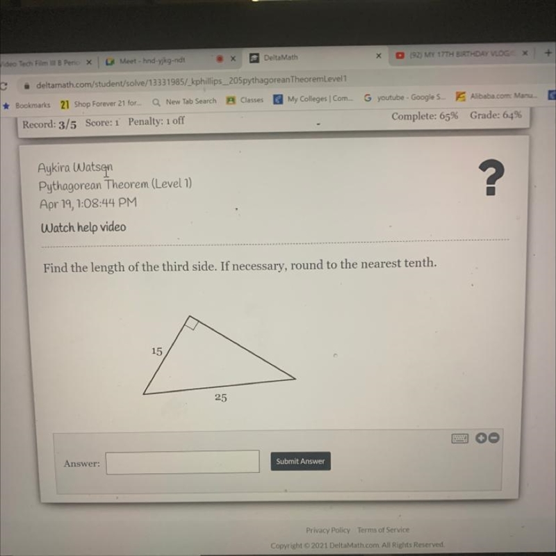 Find the length of the third side. If necessary, round to the nearest tenth. 15 25-example-1