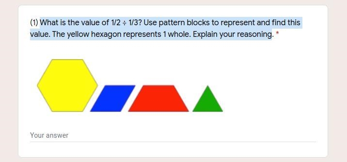 What is the value of 1/2 ÷ 1/3? Use pattern blocks to represent and find this value-example-1