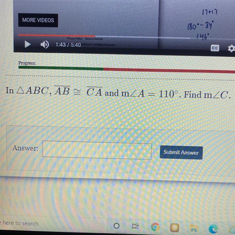 In AABC, AB = CA and mZA = 110°. Find mZC.-example-1