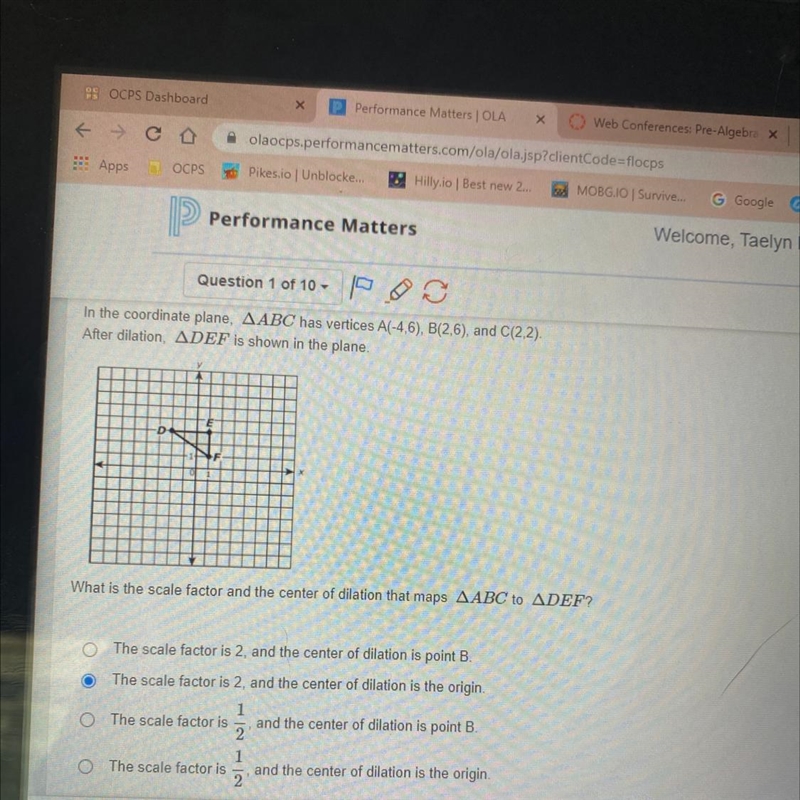 In the coordinate plane, AABC has vertices A(-4,6), B(2,6), and C(2.2). After dilation-example-1