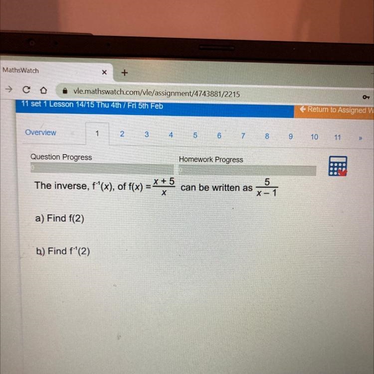 The inverse, f-1(x), of f(x) = X + 5 Х 5 can be written as X- 1-example-1