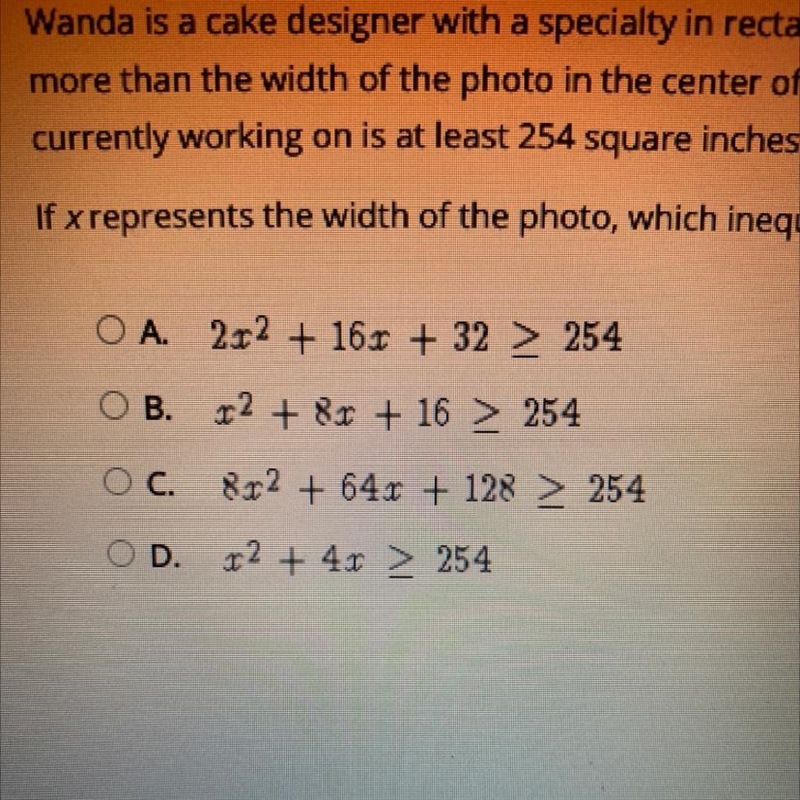 Select the correct answer. Wanda is a cake designer with a specialty in rectangular-example-1