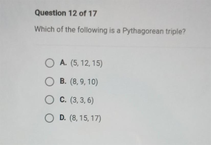 Which of the following is a Pythagorean triple?​-example-1