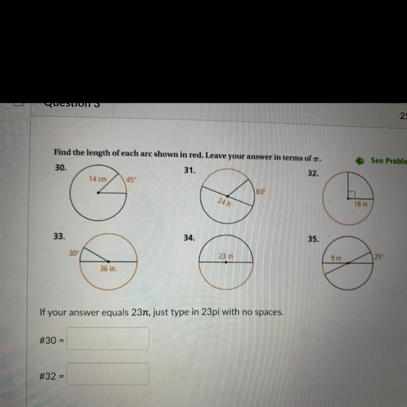 Find the length of each shown in red. Leave your answer in terms of π-example-1