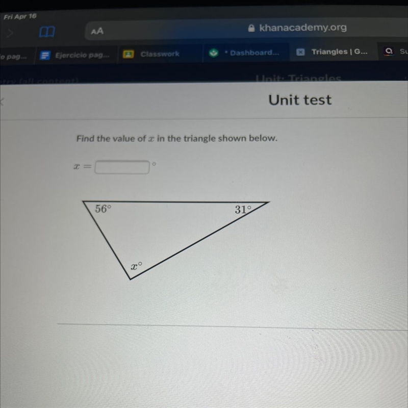 Find the value of x in the triangle shown below. C = 56 31 x-example-1