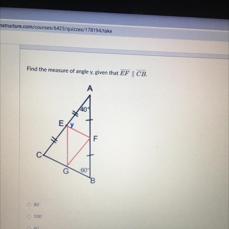 Find the measure of angle y, given that EF || CB.-example-1