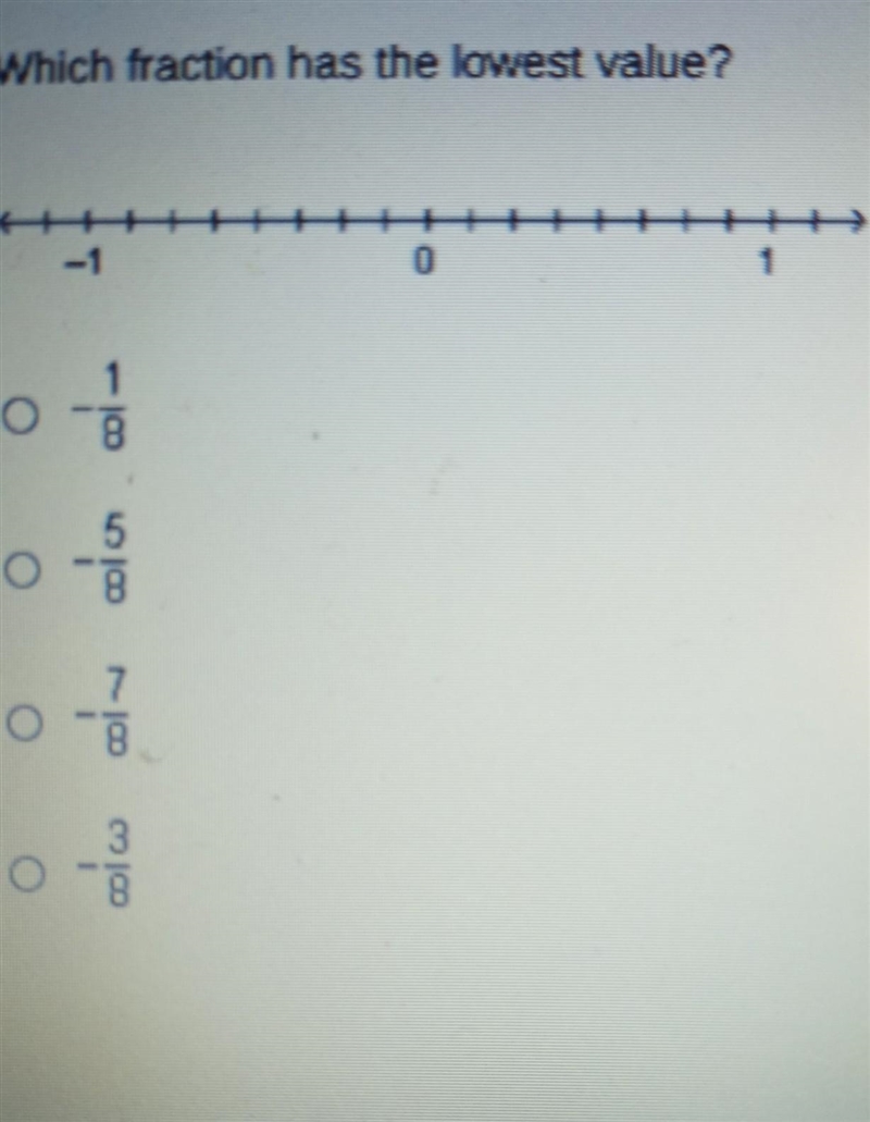 Please help me which fraction has the lowest value Answers -1/8 -5/8 -7/8 -3/8 ​-example-1