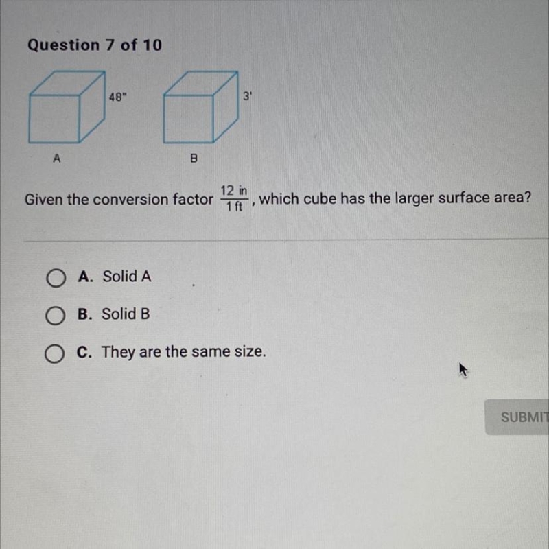 Given the conversion factor 12/1 in over 1ft, which cube has the larger surface area-example-1