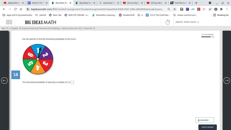 Use the spinner to find the theoretical probability of the event. The theoretical-example-1