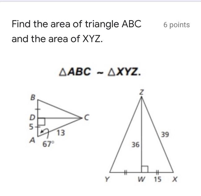 Find the area of triangle ABC and the area of XYZ. AABC - AXYZ.-example-1