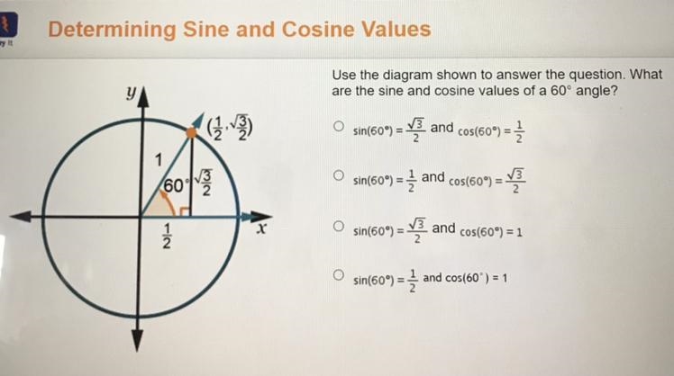 Use the diagram shown to answer the question. What are the sine and cosine values-example-1