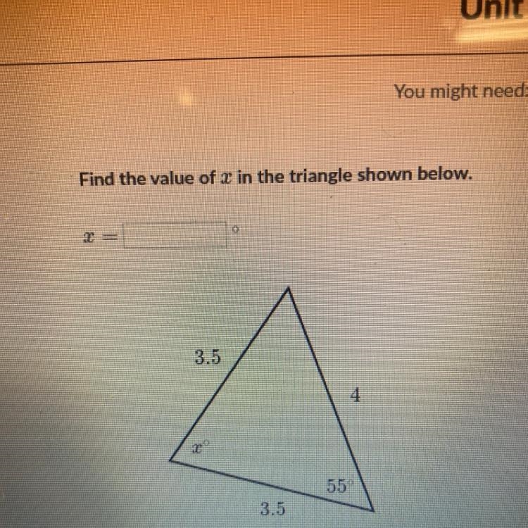 PLSSS I MIGHT ACTUALLY CRY Find the value of x in the triangle shown below.-example-1