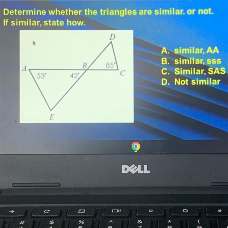 Determine whether the triangles are similar. or not. If similar, state how. A. similar-example-1