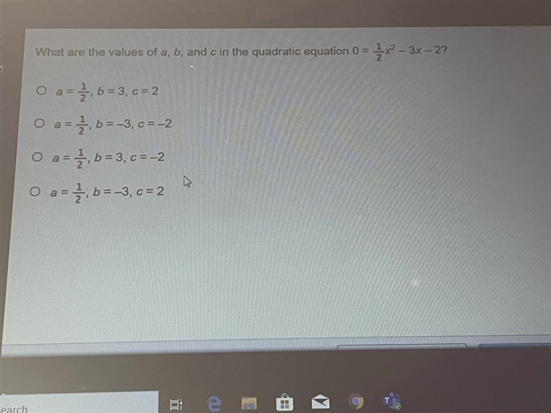 What are the values of a, b, and c in the quadratic equation 0 = 1 / 3x² – 3x – 2? O-example-1