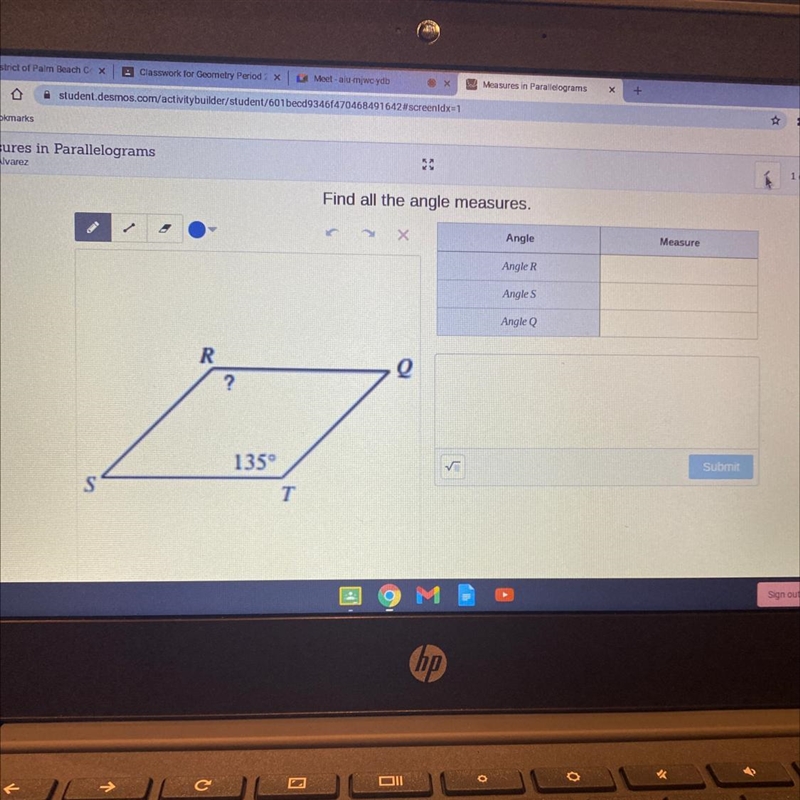 Find all the angle measures. Angle Measure Angle R Angles Angle Q R ? ه 135° Su S-example-1