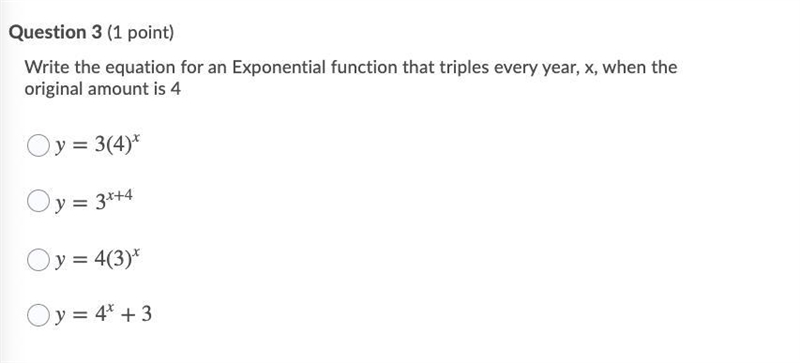 Write the equation for an exponential function that triples ever year, x, when the-example-1