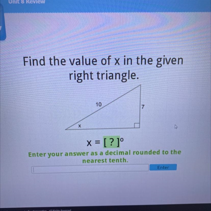 Find the value of x in the given right triangle. 10 х-example-1