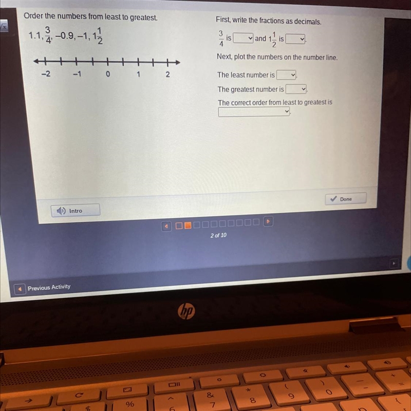 Order the numbers from least to greatest. 1.1, -0.9,-1, 12-example-1