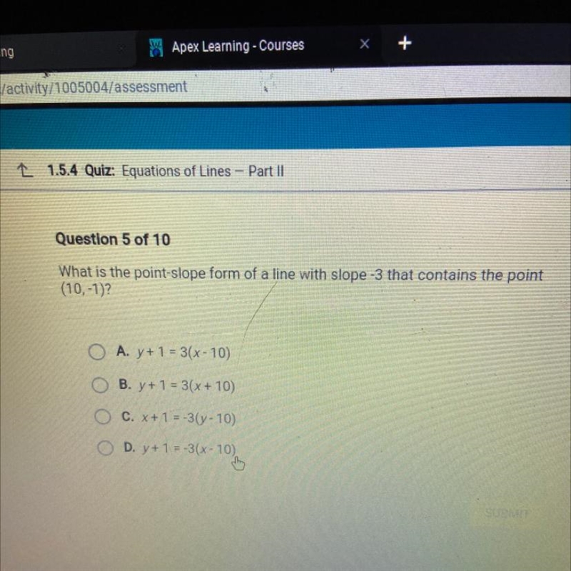 What is the point-slope form of line with slope -3 that contains the point (10,-1)?-example-1