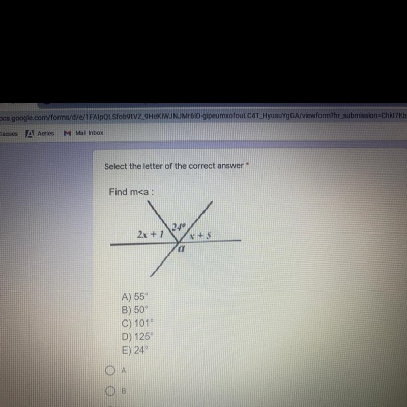 Select the letter of the correct answer * A) 55° B) 50° C) 101° D) 125° E) 24-example-1