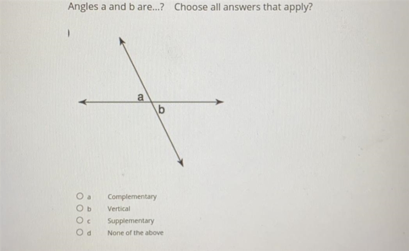 Angles a and b are...? Choose all answers that apply? a) Complementary b) Vertical-example-1