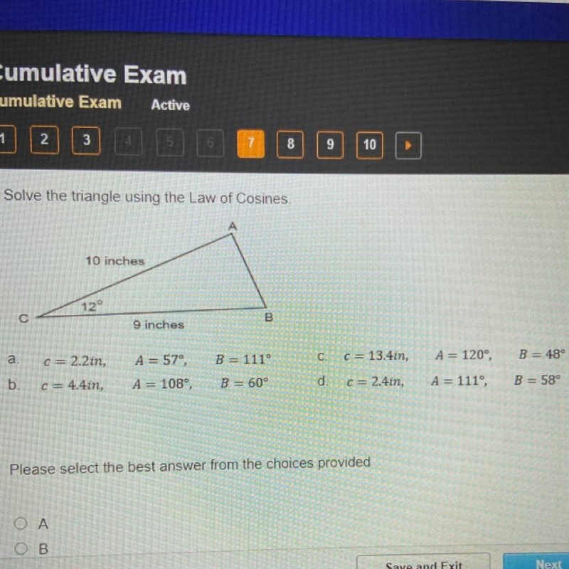 Solve the triangle using the law of cosines-example-1