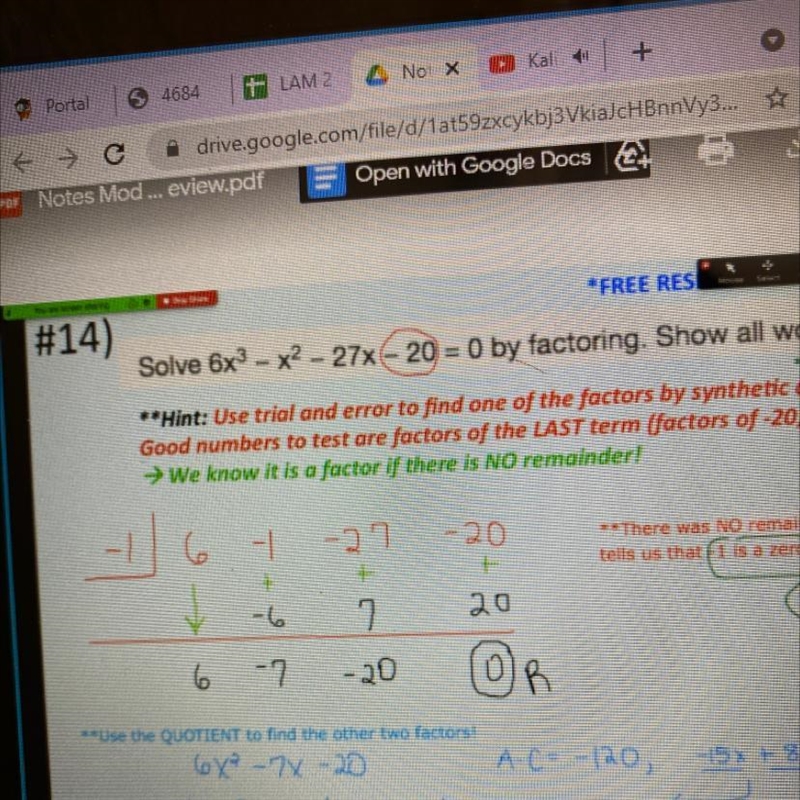 I NEED HELP!!! solve x^3 - 6x^2 - 7x + 60 by factoring. show all work (using the method-example-1