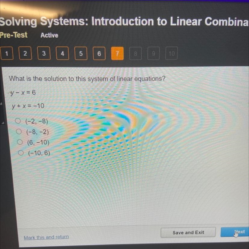 What is the solution to his system of linear equations? Y-x=6. Y+x=-10-example-1