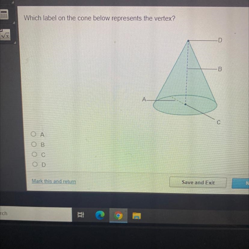 Which label on the cone below represents the vertex? D B А. С ОА D Mark this and stum-example-1