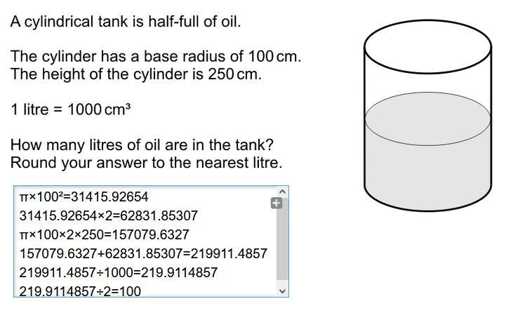 A cylindrical tank is half-full of oil. The cylinder has a base radius of 100cm. The-example-1